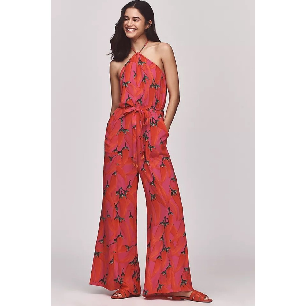 Farm Rio x Anthropologie Halter Jumpsuit Red Pepper Size Medium Wide Leg NEW